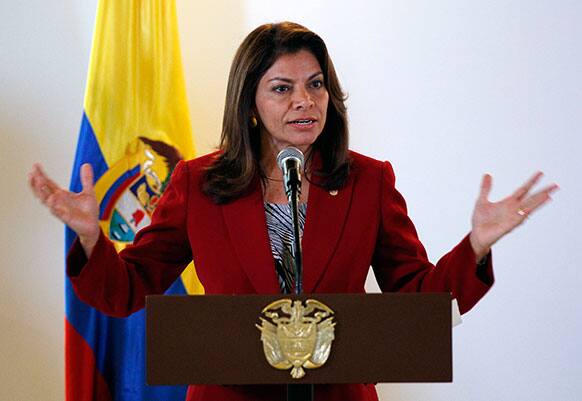 President of Costa Rica Laura Chinchilla she delivers a speech after she and Colombia`s President Juan Manuel Santos signed a Free Trade Agreement, in Cali, Colombia.