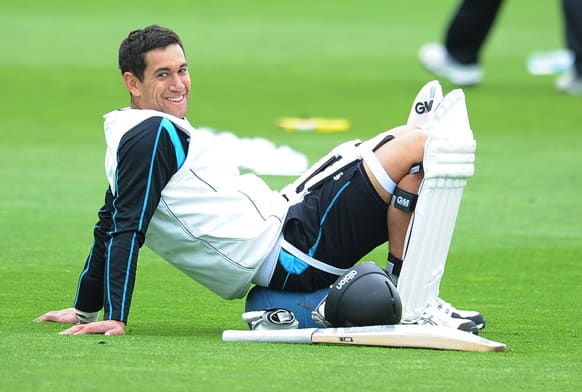 New Zealand`s Ross Taylor reacts during a nets session at Headingley Carnegie Cricket Ground, in Leeds, England. The second test match between England and New Zealand begins on Friday.