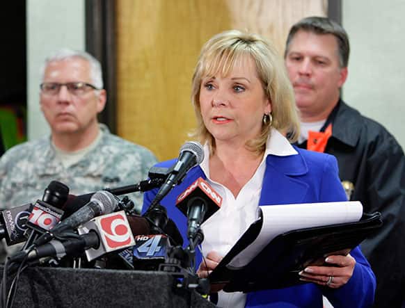 Gov. Mary Fallin speaks during a noon news conference on the devastating tornado at City Hall in Moore, Okla.