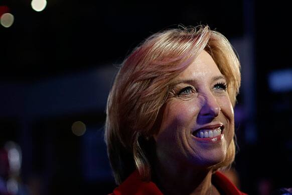 Los Angeles mayoral candidate Wendy Greuel talks to reporters before an election night party in Los Angeles.
