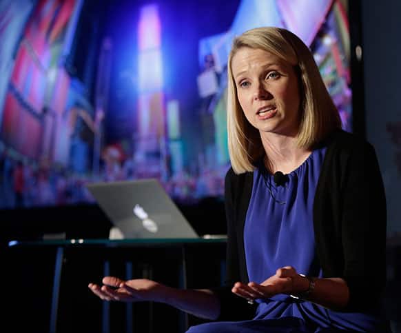 Yahoo CEO Marissa Mayer speaks during a news conference in New York. Yahoo edged up 31 cents, or 1.2 percent, to $26.83 after the Internet company said it was buying online blogging forum Tumblr for $1.1 billion.