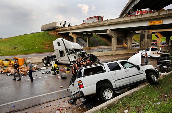 A tornado caused extensive damage along I-40 at the junction with US 177 on the west side of Shawnee, Okla..