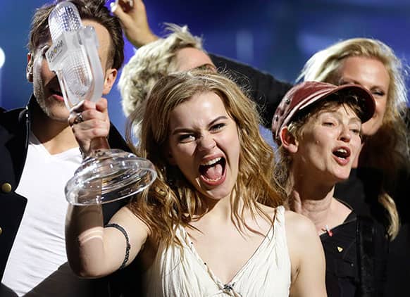 Winner of the 2013 Eurovision Song Contest Emmelie de Forest of Denmark who sang Only Teardrops, celebrates with the trophy after the final at the Malmo Arena in Malmo, Sweden.