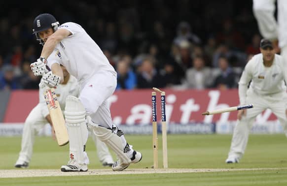 England`s Nick Compton is bowled by New Zealand`s Neil Wagner in their first test match at Lord`s cricket ground in London.