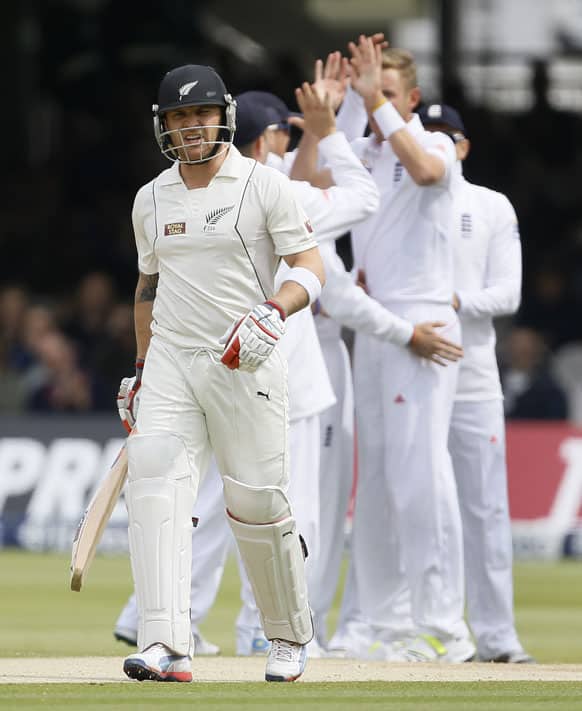 New Zealand`s Brendon McCullum leaves the pitch after being caught by Matt Prior off the bowling of England`s Stuart Broad in their first test match, at Lord`s cricket ground in London.