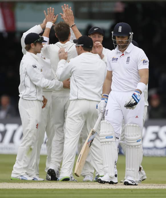 England`s Matt Prior leaves the pitch after losing his wicket LBW off the bowling of New Zealand`s Tim Southee in their first test match, at Lord`s cricket ground in London.