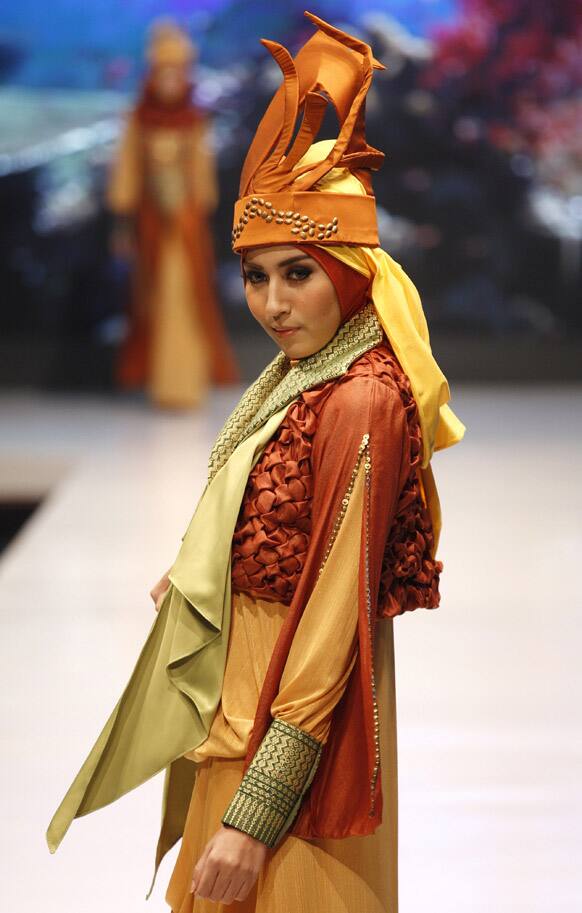 A model presents creation by Indonesian designer Lia Afif during the Jakarta Fashion and Food Festival.