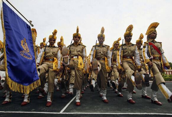 Central Industrial Security Force (CISF) sub inspectors and executives of the 38th batch at National Industrial Security Academy (NISA) march during their passing out parade of on the outskirts of Hyderabad.