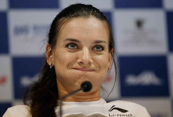 Pole-vaulter Yelena Isinbayeva of Russia reacts to a reporter`s question during a press conference ahead of the Diamond League Track and Field in Shanghai, China.