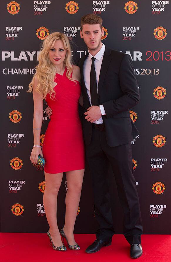 Manchester United`s goalkeeper David De Gea arrives with his girlfriend Edurne Garcia Almagro for the team`s Player of the Year Awards dinner at Old Trafford Stadium, Manchester, England.