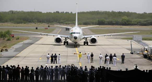 A Boeing P-8I aircraft arrives for its induction at the Naval Air Station Rajali in Arrakonam, some 58 miles from Chennai.
