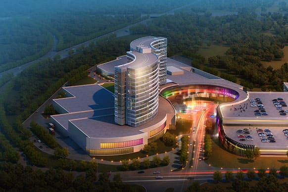 This architectural rendering, released by Regan Communications shows a new design for a resort casino that the Mashpee Wampanoag tribe hopes to build in Taunton, Mass. if the tribe wins state and federal approvals for the project.