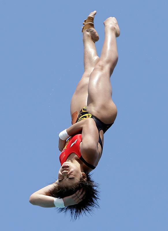 Huang Xiaohui of China competes in the women`s platform final at the USA Grand Prix diving in Fort Lauderdale, Fla. Huang Xiaohui won a silver medal in the event.
