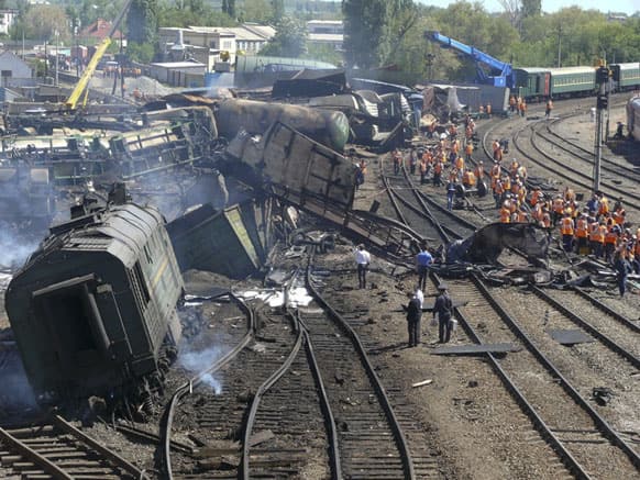 This image taken from Ministry for Emergency Situations, Rostov-on-Don region branch website, a wrecked freight train with 50 tankers carrying fuel is derailed at Balaya Kalitva railway station.