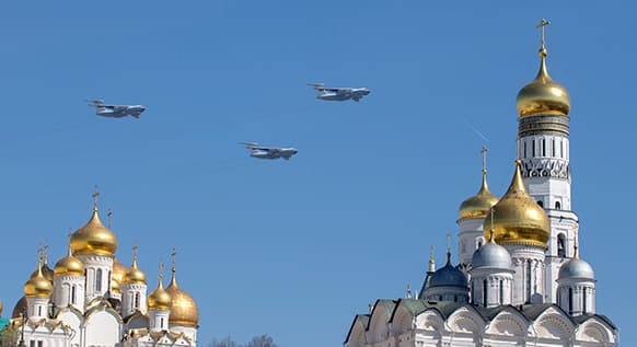 Russian military transport planes fly over the Kremlin during Victory Day Parade at the Moscow Red Square, Russia.