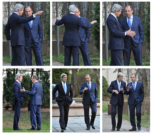 A combo photo made from six separate images, showing some of the interaction between Russian Foreign Minister Sergey Lavrov, right on each image, and US Secretary of State John Kerry, speaking while taking a walk in the garden of the Foreign Ministry mansion in Moscow, Russia.