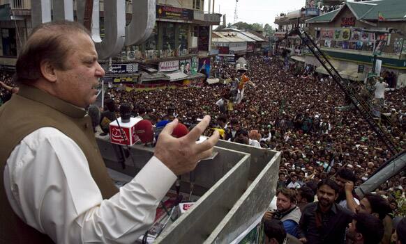 Pakistan`s former Prime Minister and leader of the Pakistan Muslim League Nawaz Sharif speaks during an election rally in Murree, Pakistan.