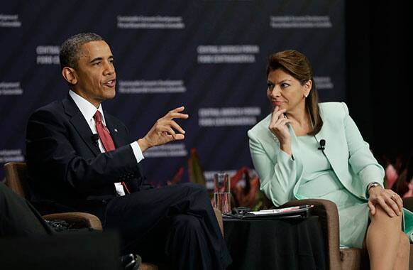 US President Barack Obama and Costa Rica’s President Laura Chinchilla, right, participate in a forum on Inclusive Economic Growth and Development at the Old Custom House in San Jose, Costa Rica.