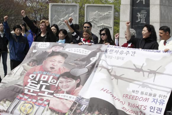 Activists shout slogans during an anti-North Korea rally as they intended to release balloons with propaganda leaflets across the border with North Korea at Imjingak near border village of Panmunjom in Paju, South Korea.