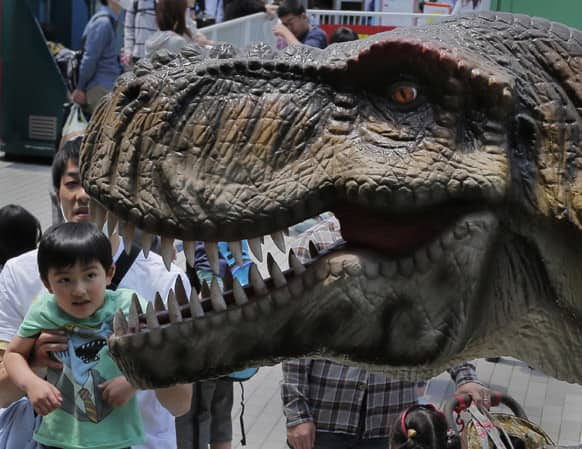 A boy is helped to take a close look at a 5-meter (16-feet)-tall Tyrannosaurus robot on display at the Dinosaur robots exhibition in Tokyo.