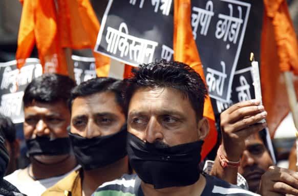 Shiv Sena party activists participate in a protest against Pakistan after Sarabjit Singh, a convicted Indian who was on Pakistan`s death row, died from a head injury after two inmates attacked him with a brick in a Lahore jail, in Jammu.
