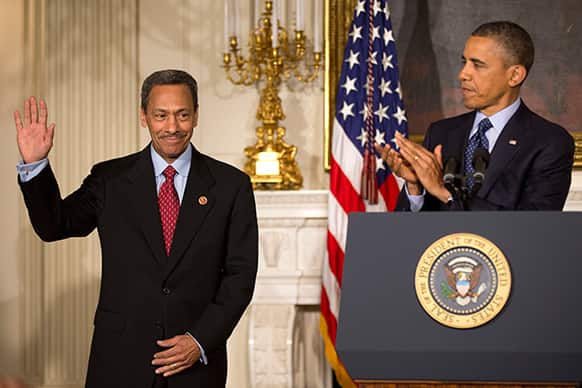 President Barack Obama announces his nominee for the Federal Housing Finance Authority (FHFA) Director Rep. Mel Watt, D-N.C., in the State Dining of the White House in Washington.