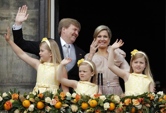 Dutch King Willem-Alexander and Queen Maxima appear on the balcony of the Royal Palace with their children in Amsterdam, The Netherlands.