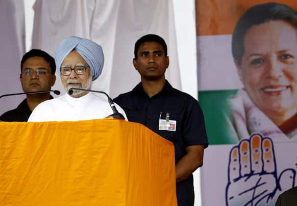 Prime Minister Manmohan Singh speaks at a campaign rally for the upcoming Karnataka state election on the outskirts of Bangalore.