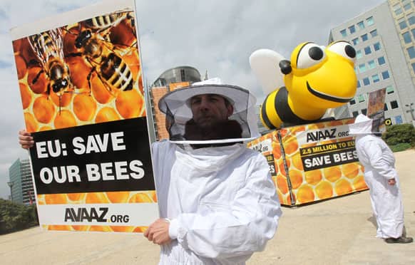 Beekeepers protest next to a giant inflatable bee in front of the European Council and Commission in Brussels.