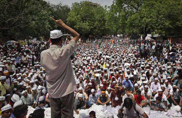 Aam Admi Party leader Arvind Kejirwal, addresses supporters during a protest against the Delhi government demanding reduction in water and power tariffs in New Delhi.