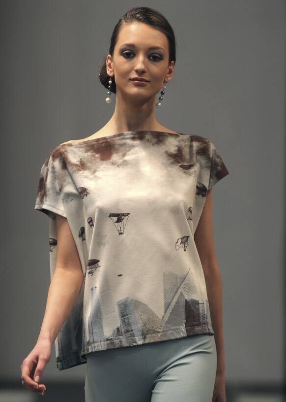 A model presents a creation by Russian designer Natalia Zlodyreva, during Belarus Fashion Week in Minsk, Belarus.