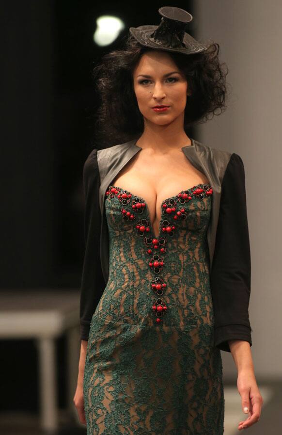 A model presents a creation by Kazakhstan designer Aida Kaumenova during Belarus Fashion Week in Minsk, Belarus.