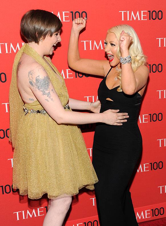 Actress Lena Dunham. left, and singer Christina Aguilera attend the TIME 100 Gala celebrating the