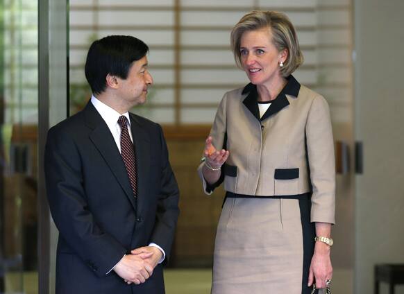 Belgian Princess Astrid, right, talks with Japanese Crown Prince Naruhito at Togu Palace in Tokyo.