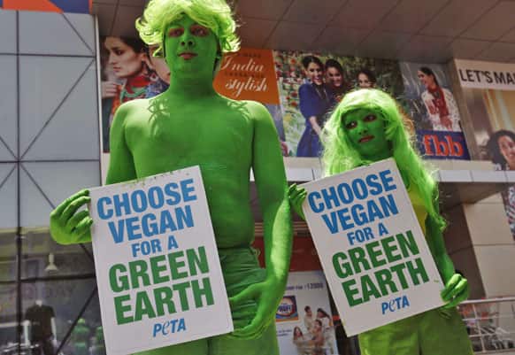Indian activists of the People for the Ethical Treatment of Animals (PETA) with bodies painted in green hold placards during a vegetarianism campaign in Hyderabad.