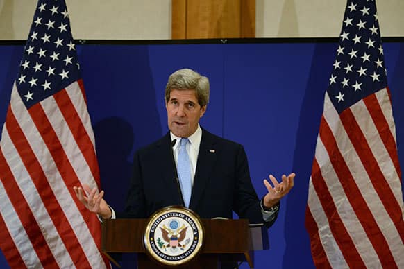 US Secretary of State John Kerry speaks to the media after talks with his Turkish counterpart Ahmet Davutoglu in Istanbul, Turkey.