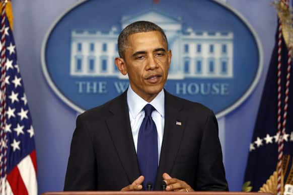 President Barack Obama speaks in the Brady Press Briefing at the White House in Washington, regarding the Boston Marathon bombing.