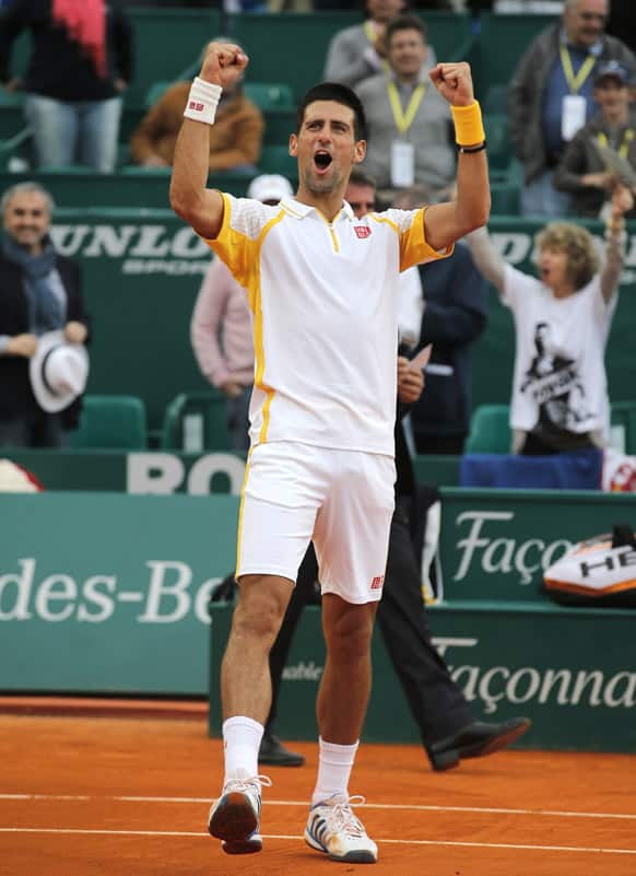 Novak Djokovic of Serbia reacts after defeating Jarkko Nieminen of Finland in their quarterfinal match of the Monte Carlo Tennis Masters tournament in Monaco.