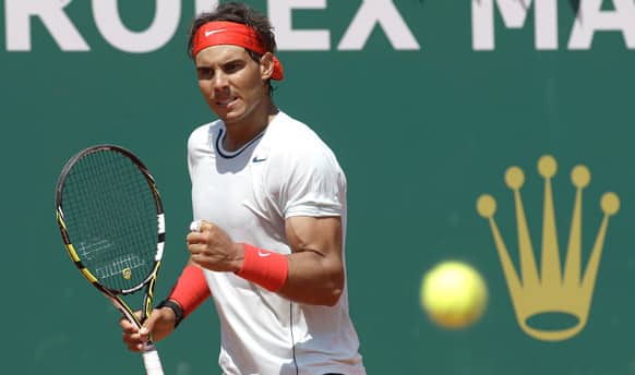 Spain`s Rafael Nadal reacts during his match against Philipp Kohlschreiber of Germany at the Monte Carlo Tennis Masters tournament in Monaco.