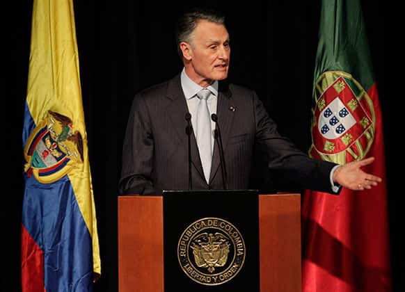 Portugal`s President Anibal Cavaco Silva delivers a speech at the opening ceremony of the International Book Fair in Bogota, Colombia.