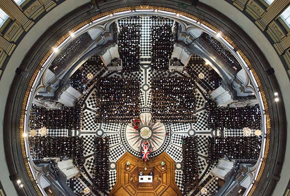 An overhead view of guests attending the ceremonial funeral of former British Prime Minister Margaret Thatcher at St Paul`s Cathedral in London.