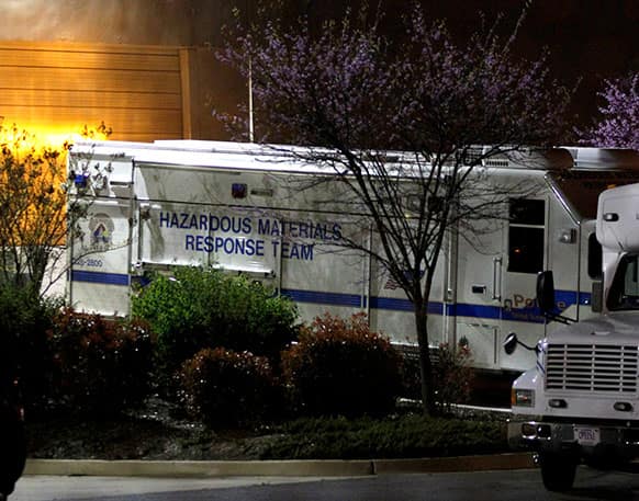 A US Capitol Police hazmat vehicle is parked at a mail processing facility for Congressional mail in Prince George`s County where a letter addressed to Sen. Roger Wicker, R-Miss., tested positive for ricin, in Hyattsville, Md.