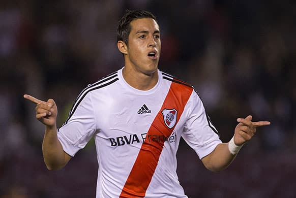 River Plate`s Gabriel Funes Mori celebrates after scoring against Arsenal during an Argentina`s league soccer match in Buenos Aires, Argentina.