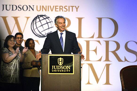 Tony Blair speaks at the Community Event during Judson University`s third annual World Leaders Forum in Elgin, Ill.