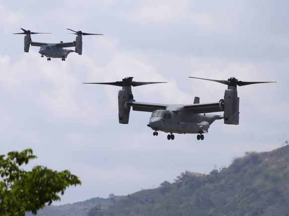 US Marine MV-22 Osprey transport planes prepare to land as they take part in the joint military exercise dubbed Balikatan 2013,