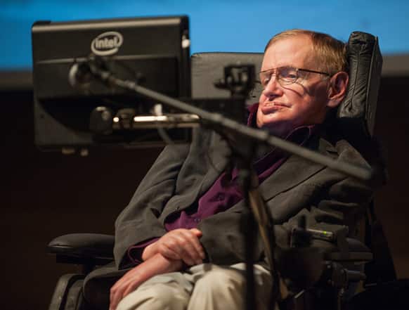 British cosmologist Stephen Hawking, who has motor neuron disease, gives a talk titled