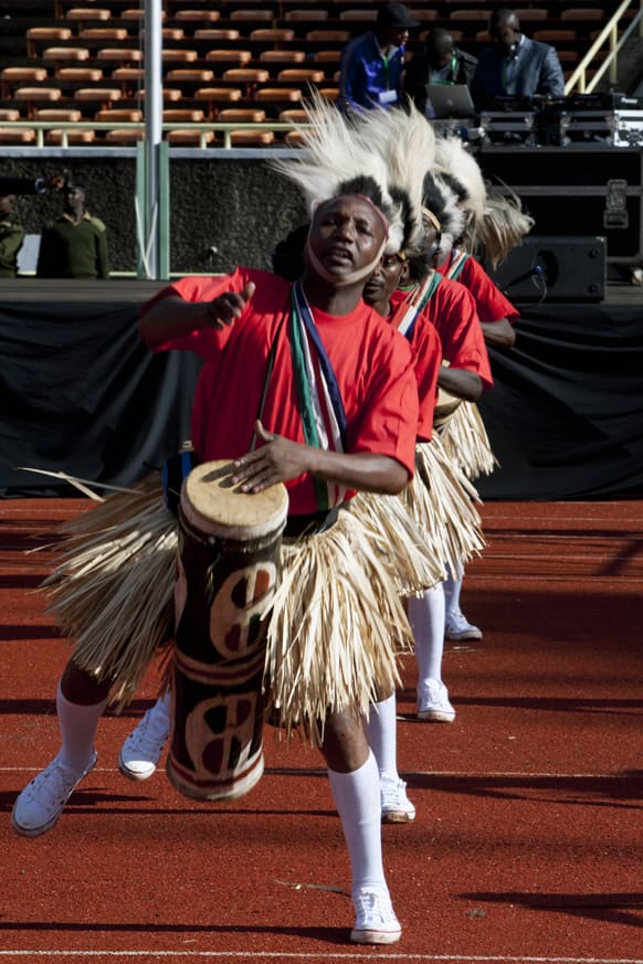 Kenyan Chuka tribal dancers entertain the Kenyan crowd during the Inauguration ceremony of President Uhuru Kenyatta at Moi International Sports Complex in Nairobi.