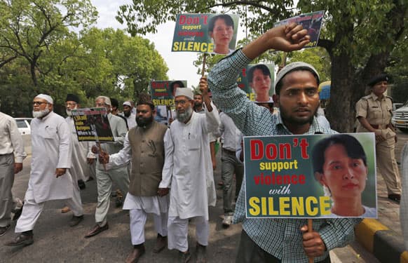 Muslims stage a protest to highlight the plight of Rohingya Muslims in Myanmar near the Myanmar Embassy in New Delhi. Many Rohingya Muslims have fled Buddhist-majority Myanmar, which considers them to have settled in the country illegally from neighboring Bangladesh.
