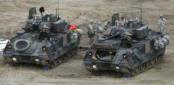 US Army soldiers prepare for an exercise during their annual military drills with South Korea in Yeoncheon, South Korea, near the border with North Korea.