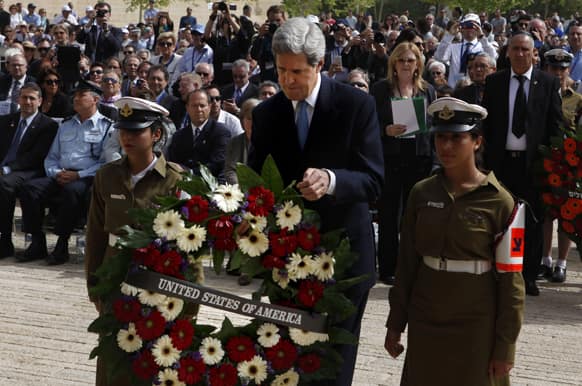 US Secretary of State John Kerry prepares to lay a wreath during the annual ceremony for Holocaust Remembrance Day at the Yad Vashem memorial in Jerusalem, Israel.
